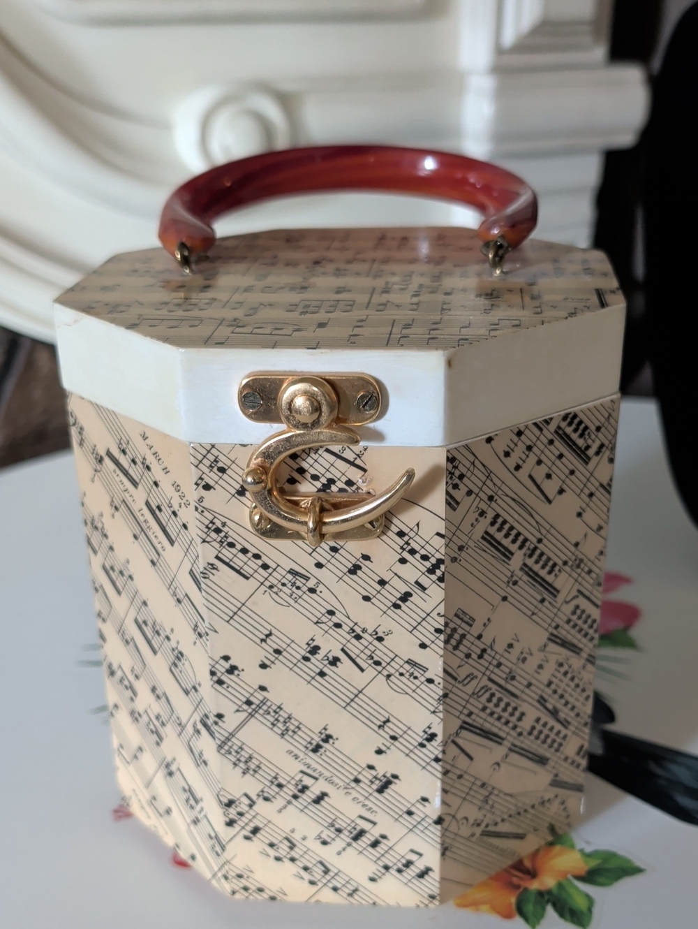 Vintage-Inspired Cream Sheet Music Box Handbag with Brown Handle